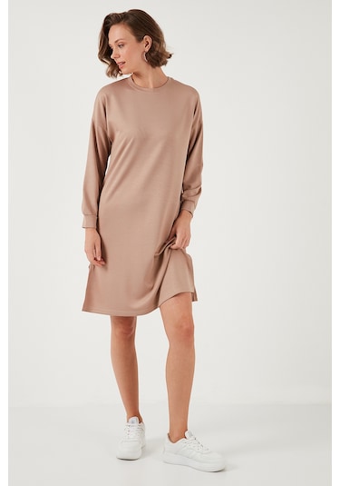 Lela Modest Oysho Kumaş Relaxed Fit Yırtmaçlı Bayan Tunik 5865878 Bisküvi
