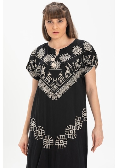 Kısa Kol Pamuk Hitit Uzun Elbise Geyik Siyah Gyk Syh-geyik Siyah