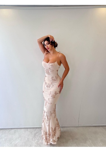 Bej Ayarlanabilir Askılı Çiçekli Astarlı Maksi Bej