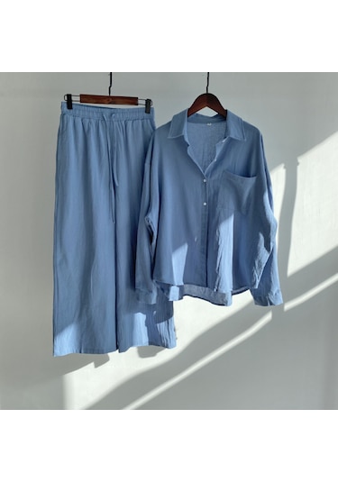 Pamuk-Keten Görünümlü Takım Açık Mavi