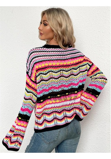 Kadın Gökkuşağı Bisiklet Yaka Çizgili Örgü Kazak Kazak Uzun Kollu Günlük Gevşek Büyük Boy Üstler Mavi