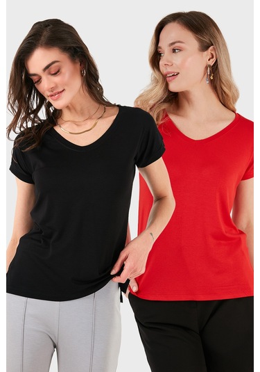 Lela V Yaka Relaxed Fit Yırtmaç Detaylı 2'Li Paket Bayan Bluz 5862000S2 Siyah-Kırmızı