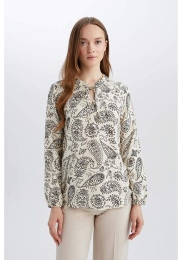 DeFacto Regular Fit Bağcıklı Yaka Desenli Uzun Kollu Bluz N1809AZ25SPBK81
