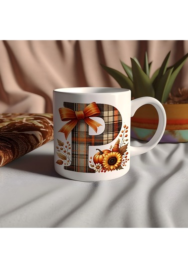 P Harfi Ekose Ve Sonbahar Temalı Kupa Bardak - Kişiye Özel Sıcak Tonlar Alfabe Kupa - Hediye Beyaz