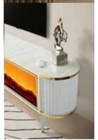 Bera Marmo - Gold Şömineli Ceylan Tv Sehpası Beyaz - Gold