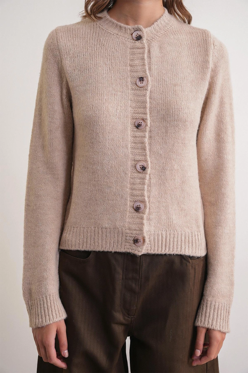 6951 Kadın Bisiklet Yaka Düğmeli Triko Kısa Hırka Bej Bej