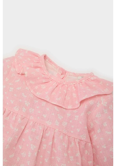 DeFacto Kız Bebek Çiçekli Flamlı Poplin Uzun Kollu Gömlek E6101A525SPPN127 Pembe