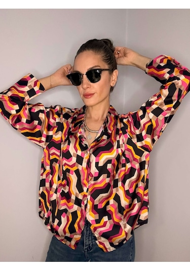 Ali Butik Retro Pembe Desenli Saten Gömlek Pembe