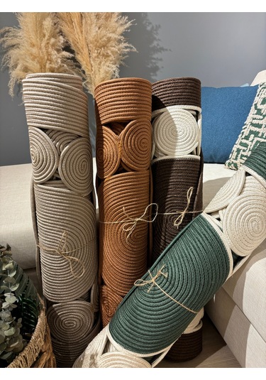 Cookie Jüt Hasırlı El Örgüsü Kilim Kahverengi - Krem