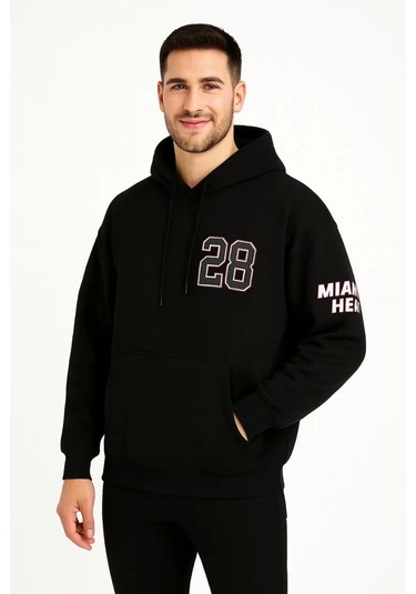 Üç İplik Kapüşonlu Ön Ve Arka Baskılı Sweatshirt Hoodie - Siyah Siyah