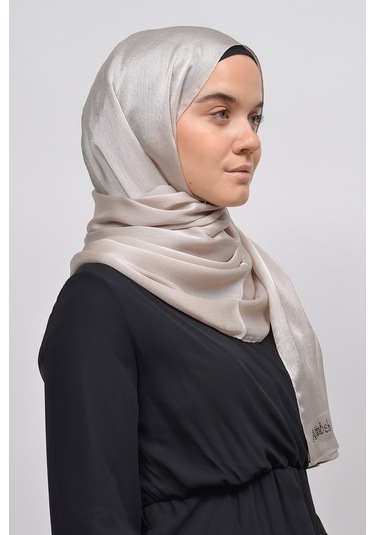 Altobeh Janjan Şık Parlak Saten Dokulu Kadın Tesettür Abiye Şifon Şal - Koyu Krem