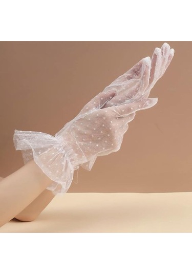 Güpürlü Tüllü Puantiyeli Şeffaf Parti Kostüm Kına Düğün & Gelin Eldiveni Beyaz Çok Renkli