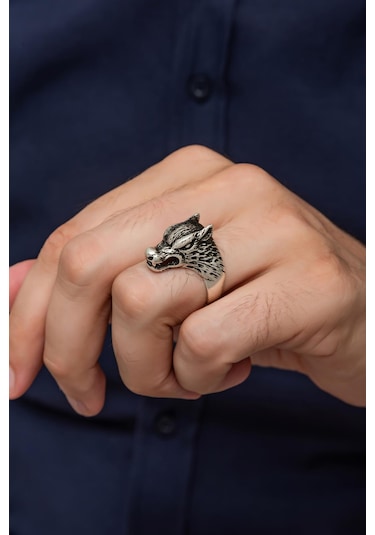 Yüzük Sanatı Kurt Motif Yazılı 925 Gümüş Erkek Yüzük