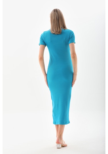 Turkuaz Kısa Kollu Diz Altı Fitilli Esnek Kalem Elbise  130 CM Turkuaz