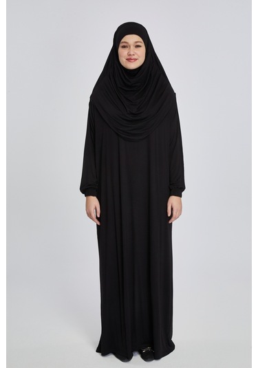 Pratik Başörtülü Rahat Giyilebilen Organik Tek Parça Namaz Elbisesi Siyah