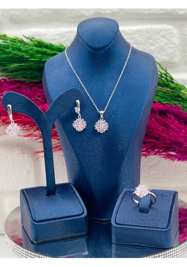 925 Ayar Gümüş Pembe Kuvars Taşlı Özel Tasarım 3 Lü Zarif Kadın Takı Seti Gümüş