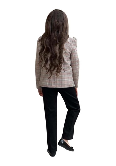 Riccotarz Kız Çocuk Yakası Açık Ve Taş Detaylı Bluz Ekose Çizgi Blazer Ceket Kemerli Siyah Alt Üst Takım Siyah