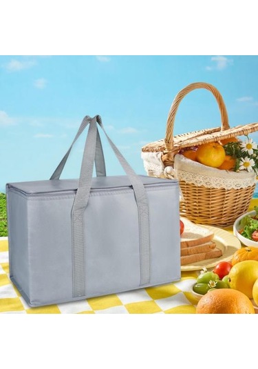 Büyük Yalıtımlı Piknik Çantası Fermuarlı Öğle Yemeği Çantası Yeniden Kullanılabilir Market Taşıma Çantası Kamp Piknik Seyahat İçin İçecek Soğutucu Çanta Gri