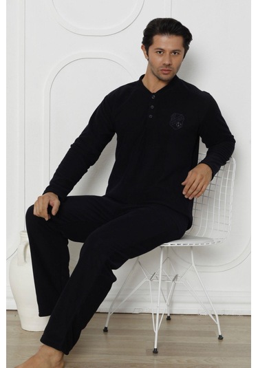 Erkek Cepli Kışlık Polar Pijama Takımı 02352 Lacivert