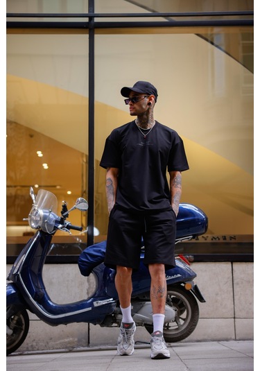 Siyah Renk Bisiklet Yaka Şort Tişört Takım-1707 Siyah