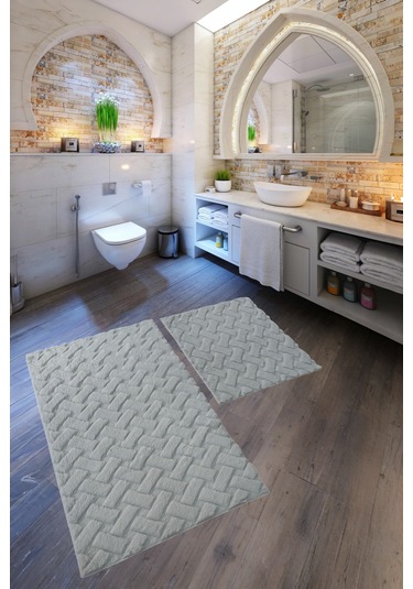 Desenli Tavşan Tüyü Yumuşak 2 Li Banyo Paspası Kaymaz Tabanlı Klozet Takımı Gri Gri