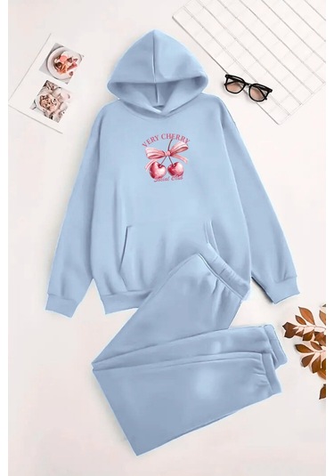 Unisex Kapüşonlu Bebemavi Eşofman Takımı Very Cherry Baskılı- Kışlık Şardonlu Kumaş Bebemavi