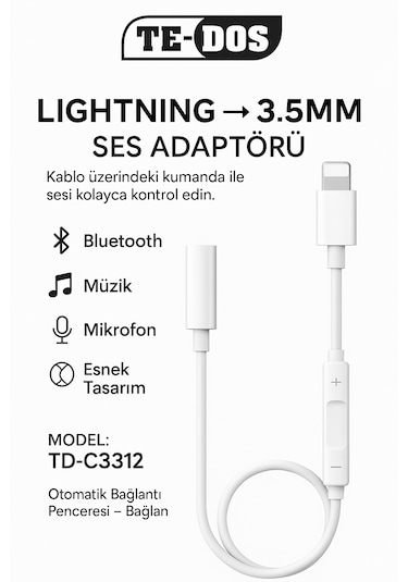 İphone İpad 8 Pin Lightning Aux Çevirici - 3.5 Mm Kablodan Kontrollü Jack Kulaklık Adaptörü 1 Adet