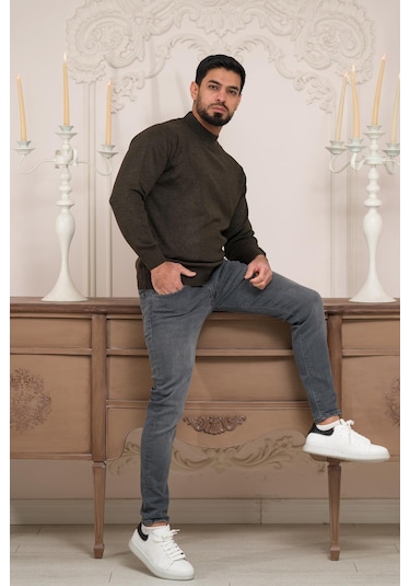 Woolen World Balıkçı Yaka Kalın Yünlü Erkek Triko Kazak Kahverengi