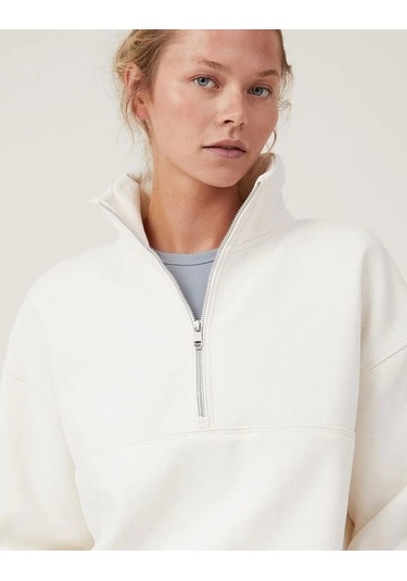 Oversize Yarım Farmuarlı Yakalı Basic Sweatshirt - Beyaz Beyaz