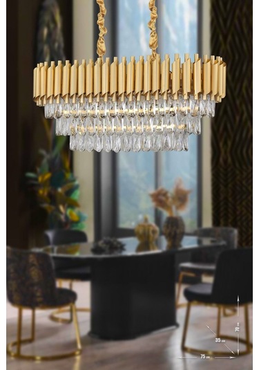 Palmira 75x35 Cm'lik 3 Katlı Prizma Kesim Kristal Taşlı Lüks Avize 6'lı - Sarı-yaldız Sarı Yaldız