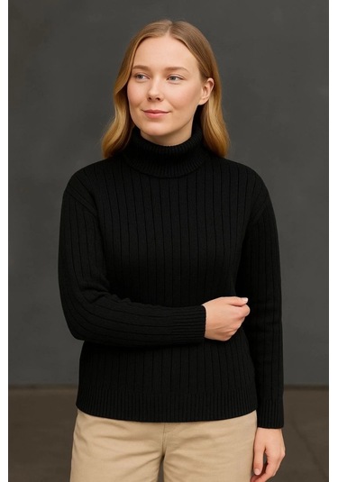 Balıkcı Yaka Bağazlı Triko Kazak Pamuklu Kalın Fitilli Dokuma - Siyah Siyah