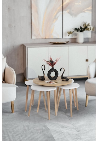 Orta Sehpa / Sehpa Seti / Sehpa Takımı / 5 Parça / Flora Pissa Meşe-beyaz