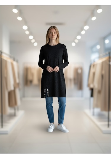 Kadın Önü Desenli Etek Yan Ucu Boncuklu Düşük Kol Tunik Siyah