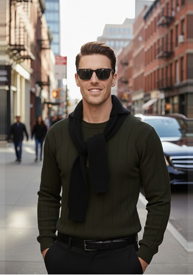 Deepsea Haki Dar Kesim Likralı Erkek Triko Kazak Bisiklet Yaka Şık Tasarım 2605433 Haki