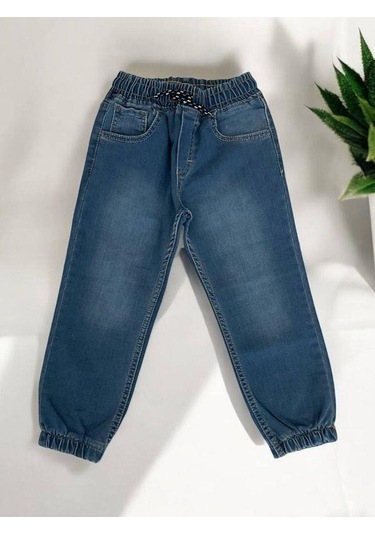 Çocuk Beli Paçası Lastikli Lycralı Kot Pantolon-14954 Mavi