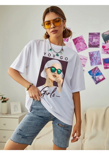Kadın Beyaz Oversize You Go Baskılı T-shirt Beyaz-67199
