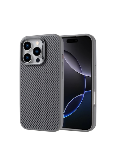 KhayraiPhone Uyumlu 16 Pro Kılıf Magsafe Şarj Özellikli Karbon Fiber Görünümlü Troy Kapak Gümüş