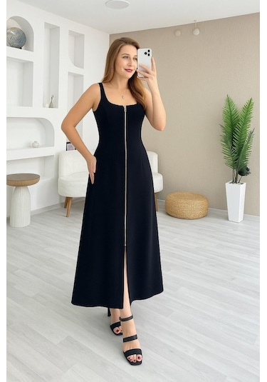 Kadın Askılı Kare Yaka Önden Fermuarlı Geniş Kesim Janjan Krep Elbise Siyah