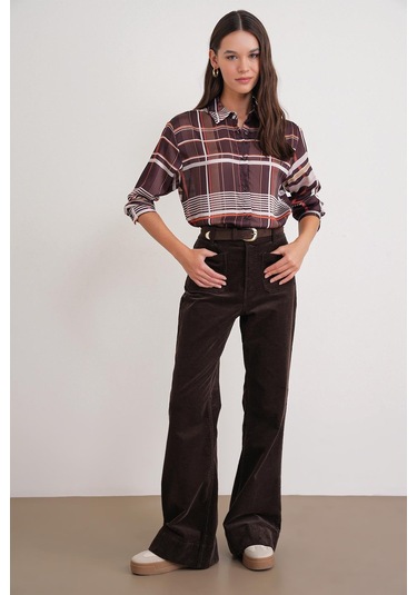 4751 Kadın Ekose İnce Saten Gömlek Kahve Kahve