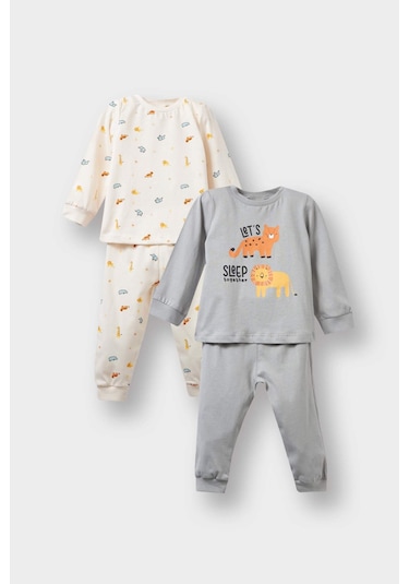 Defacto Erkek Bebek 4lü Pijama Takımı Safari Baskılı Uzun Kollu Penye Üst Uzun Alt F7197a525auer233 Ekru