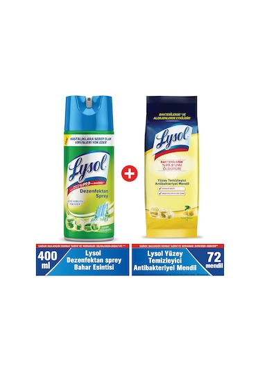 Lysol Dezenfektan Sprey Bahar Ferahlığı 400 ML + Antibakteriyel Islak Mendil 72’li