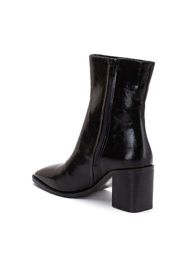 Siyah Kadın Kalın Topuklu Bot Rugan Küt Burun Yüzüdüz-4254 Siyah