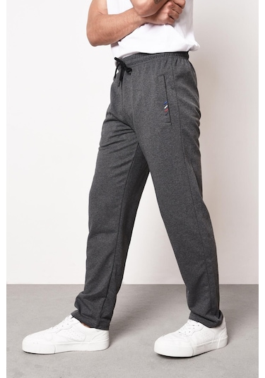 Erkek Gri Fermuar Cep Nakış Detaylı Düz Paça Rahat Kesim Eşofman Altı Antrasit