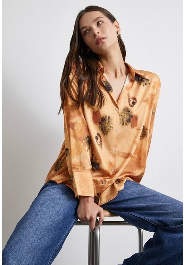 Kadın Uzun Kol Desenli Renkli Pamuk Saten Premium Kalite Spor Şık Gömlek Turuncu