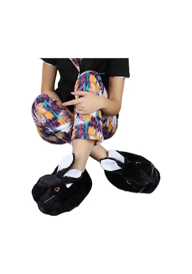 Peluş Tavşan Figürlü Kaymaz Ve Ses Yapmaz Ev Panduf Siyah-siyah Siyah