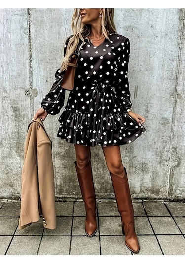 Kadın Uzun Kollu V Yakalı Belden Kuşaklı Puantiyeli Mini Modal Elbise Siyah
