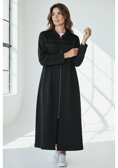 Kadın Önü Fermuarlı Desenli Cepli Mevsimlik Kap Siyah