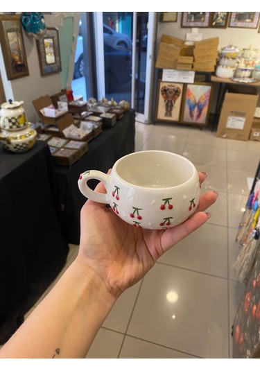 Seramik El Yapımı Fincan Takımı 2'li Set Kiraz Desenli Beyaz - Kırmızı