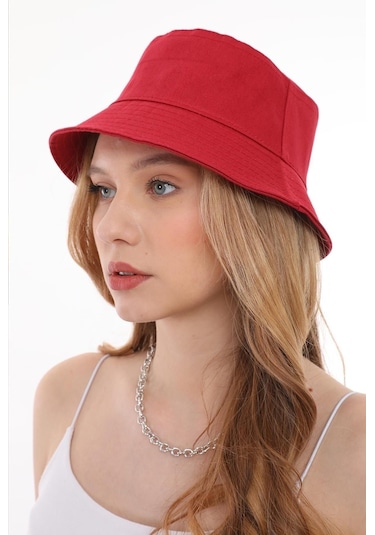 Kadın Balıkçı Kırmızı Kova Bucket Şapka Kırmızı