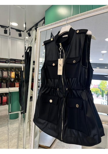 Nurgün Deri Yelek Cep Detaylı - Siyah - 2 Siyah